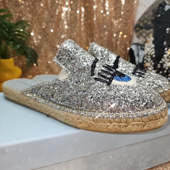 NIB CHIARA FERRAGNI Glitter Espadrille Mules In Silver - Picture 12 of 13